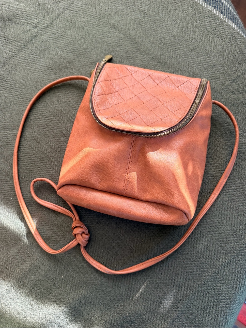 Egan Leather U-zip Crossbody Bag with Diamond Woven Flap and Coin Purse - Camel
